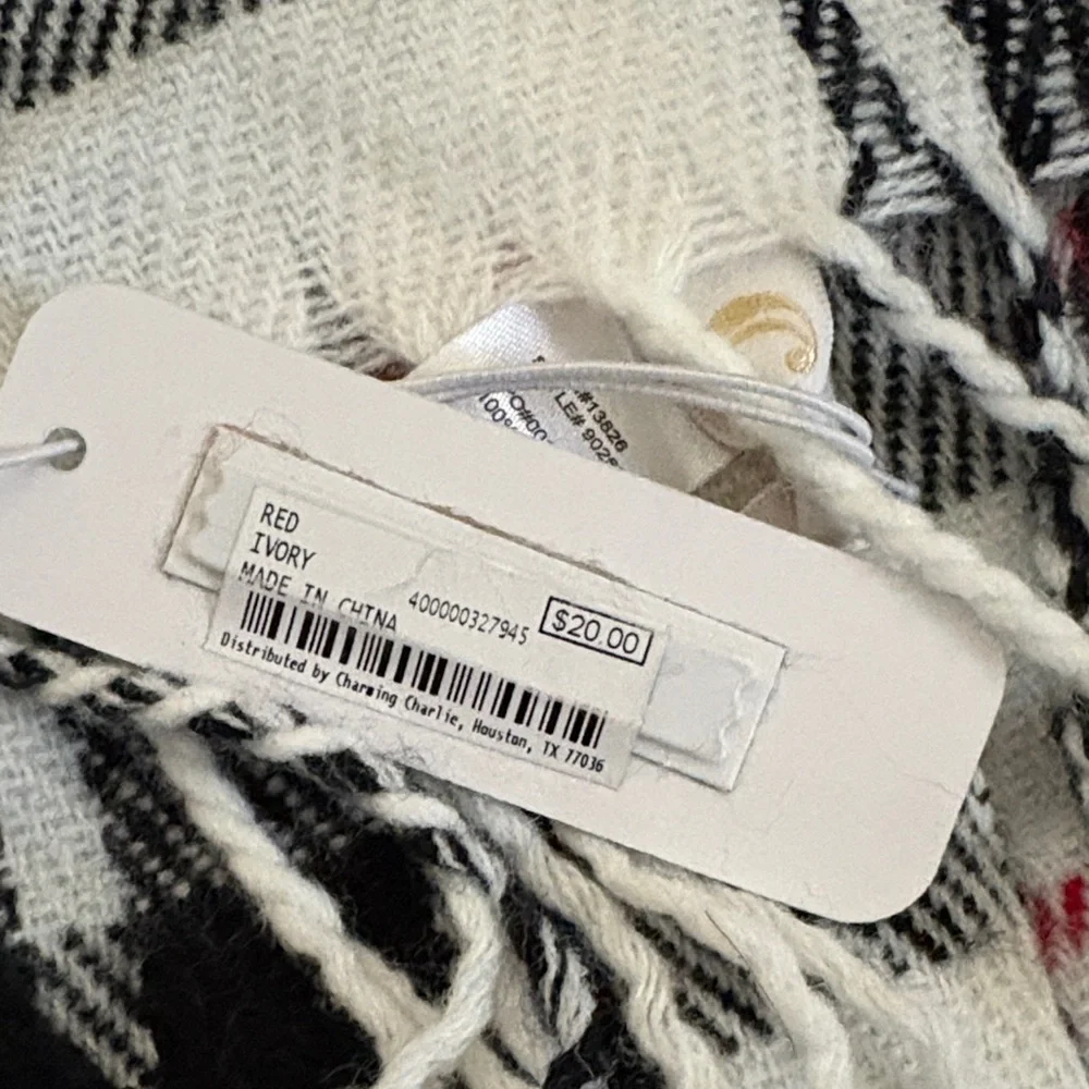 Charming Charlie Black and White Plaid Scarf with Fringe